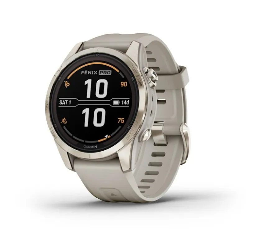 GARMIN Fenix 7S PRO 42mm - Sapphire Solar, Soft Gold, curea Light Sand Livrare rapidă