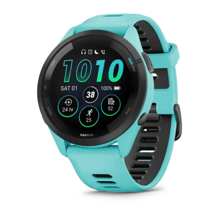 Comandă acum Garmin Forerunner 265 Ramă neagră cu carcasă Aqua şi curea din silicon Aqua/neagră