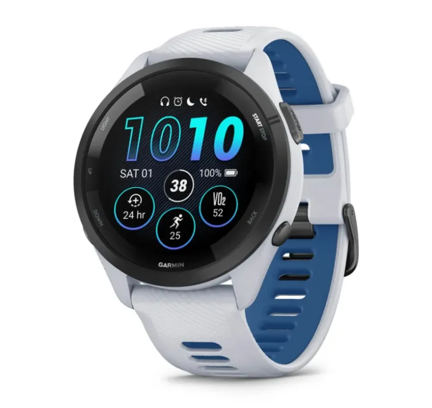 Comandă acum Garmin Forerunner 265 Ramă neagră cu carcasă Whitestone şi curea din silicon Whitestone/Tidal Blue