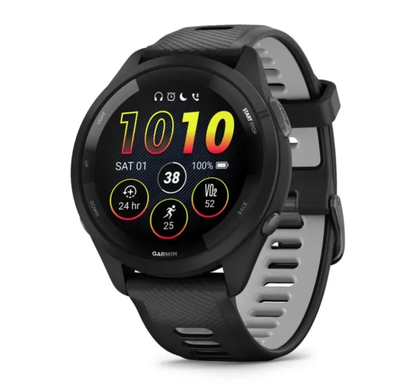 Garmin Forerunner 265 Ramă şi carcasă neagră cu curea din silicon neagră/gri pudră Plată sigură
