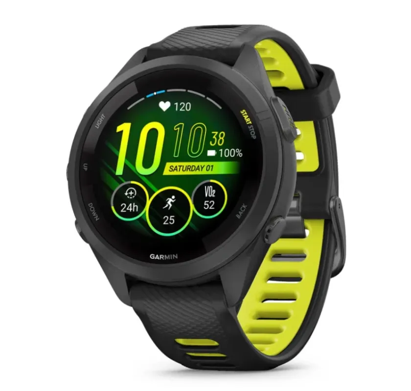 Cumpără online Garmin Forerunner 265S Ramă şi carcasă neagră cu curea din silicon neagră/Amp Yellow