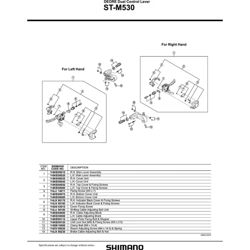 ANSAMBLU CORP MANETA SHIMANO ST-M530 DREAPTA Reducere specială