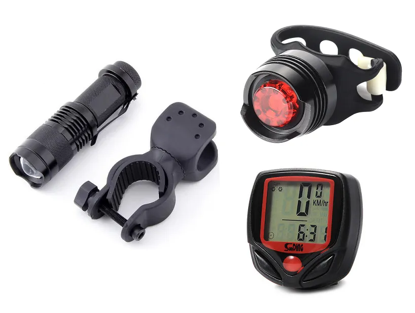 Bestseller Far fata 300Lm, stop spate ruby, ciclocomputer, set complet bicicleta, negru