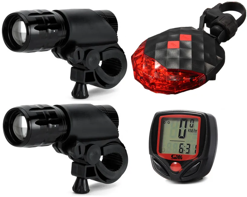 Doua faruri fata alloy focus zoom, stop spate laser, ciclocomputer, set complet bicicleta, negru Plată securizată